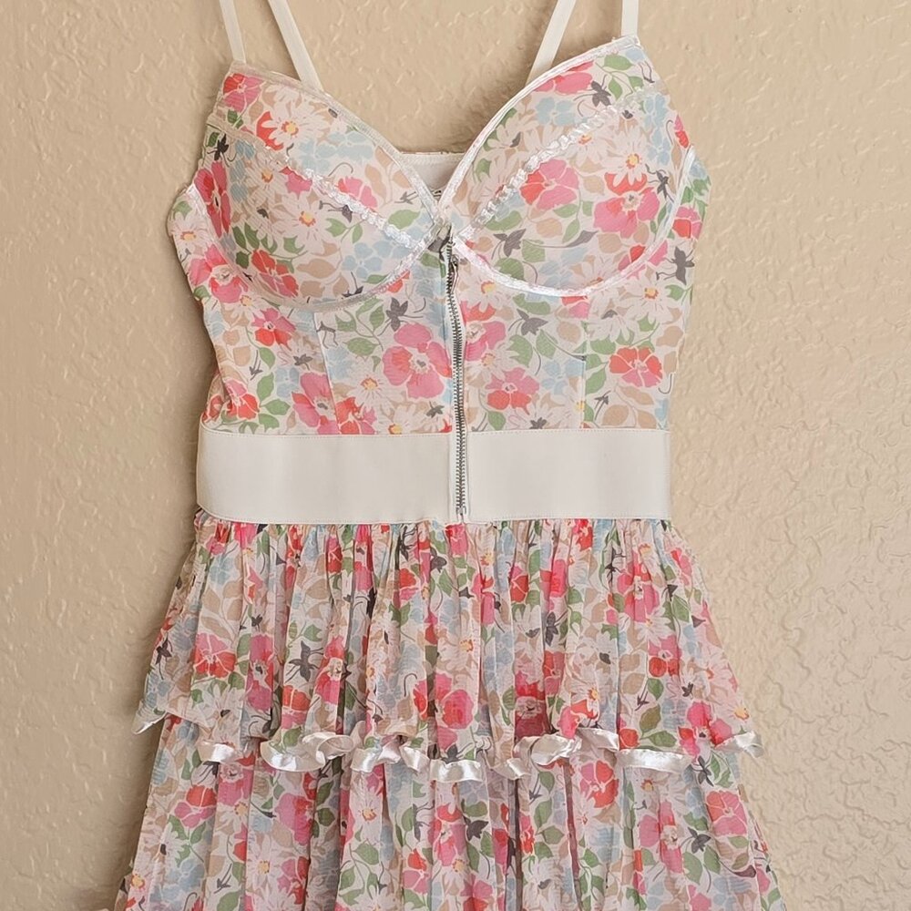 Rachael & Chloe Floral Print Tiered Ruffle Party Dress Cream Pink Women's Medium